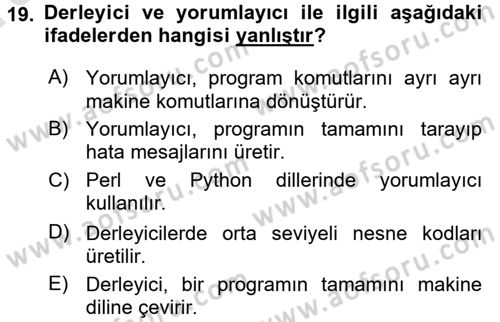 Bilgisayar Ve Programlamaya Giriş Dersi Ara Sınavı Deneme Sınav Soruları 19. Soru