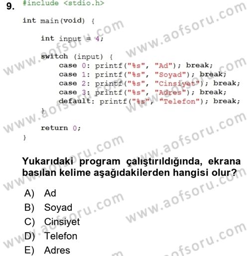 Bilgisayar Ve Programlamaya Giriş Dersi 2016 - 2017 Yılı (Final) Dönem Sonu Sınav Soruları 9. Soru