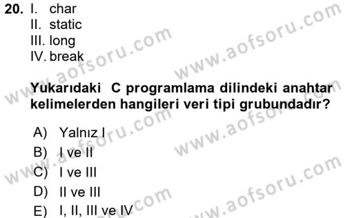 Bilgisayar Ve Programlamaya Giriş Dersi Ara Sınavı Deneme Sınav Soruları 20. Soru