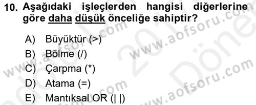 Bilgisayar Ve Programlamaya Giriş Dersi 2017 - 2018 Yılı (Final) Dönem Sonu Sınav Soruları 10. Soru