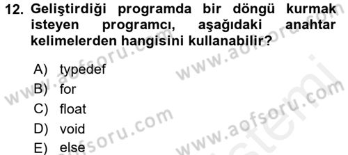 Bilgisayar Ve Programlamaya Giriş Dersi 2017 - 2018 Yılı (Final) Dönem Sonu Sınav Soruları 12. Soru