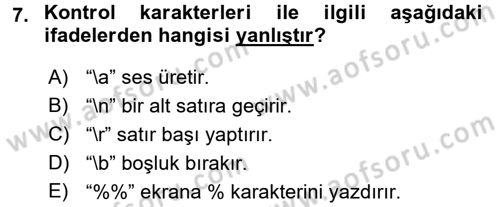 Bilgisayar Ve Programlamaya Giriş Dersi 2017 - 2018 Yılı (Final) Dönem Sonu Sınav Soruları 7. Soru