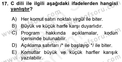 Bilgisayar Ve Programlamaya Giriş Dersi Ara Sınavı Deneme Sınav Soruları 17. Soru