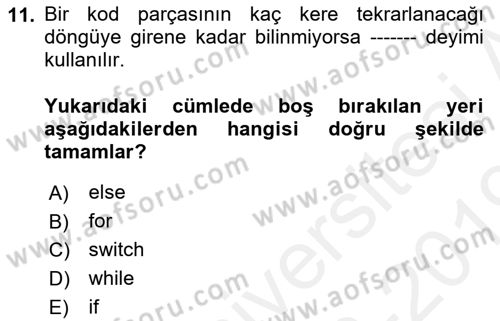 Bilgisayar Ve Programlamaya Giriş Dersi 2018 - 2019 Yılı (Final) Dönem Sonu Sınav Soruları 11. Soru