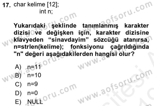 Bilgisayar Ve Programlamaya Giriş Dersi 2018 - 2019 Yılı (Final) Dönem Sonu Sınav Soruları 17. Soru