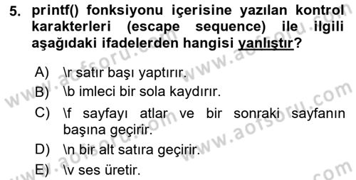 Bilgisayar Ve Programlamaya Giriş Dersi 2018 - 2019 Yılı (Final) Dönem Sonu Sınav Soruları 5. Soru