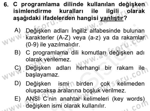 Bilgisayar Ve Programlamaya Giriş Dersi 2018 - 2019 Yılı (Final) Dönem Sonu Sınav Soruları 6. Soru
