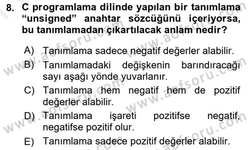 Bilgisayar Ve Programlamaya Giriş Dersi 2018 - 2019 Yılı (Final) Dönem Sonu Sınav Soruları 8. Soru