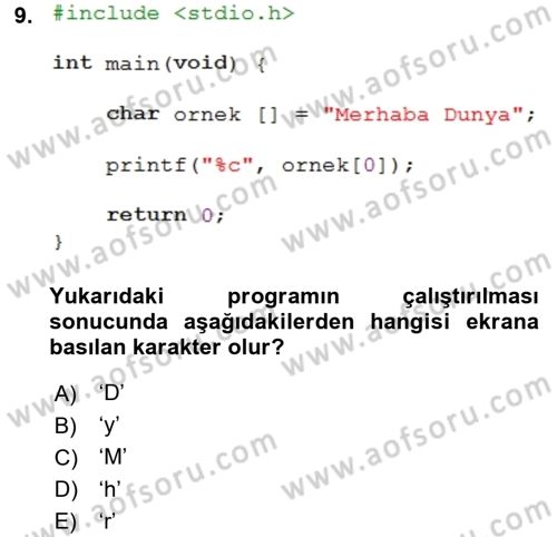 Bilgisayar Ve Programlamaya Giriş Dersi 2018 - 2019 Yılı Yaz Okulu Sınav Soruları 9. Soru
