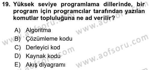 Bilgisayar Ve Programlamaya Giriş Dersi 2019 - 2020 Yılı (Vize) Ara Sınav Soruları 19. Soru
