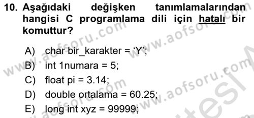Bilgisayar Ve Programlamaya Giriş Dersi 2019 - 2020 Yılı (Final) Dönem Sonu Sınav Soruları 10. Soru