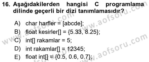 Bilgisayar Ve Programlamaya Giriş Dersi 2019 - 2020 Yılı (Final) Dönem Sonu Sınav Soruları 16. Soru