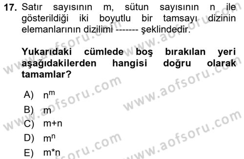 Bilgisayar Ve Programlamaya Giriş Dersi 2019 - 2020 Yılı (Final) Dönem Sonu Sınav Soruları 17. Soru