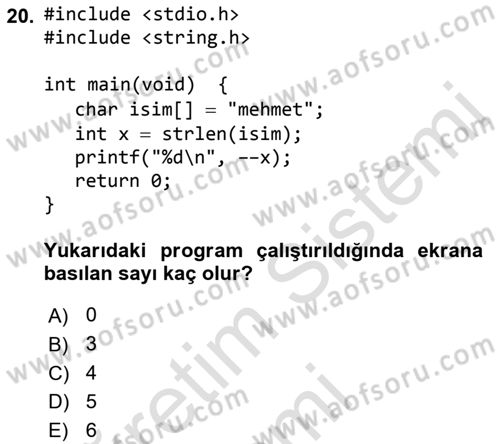 Bilgisayar Ve Programlamaya Giriş Dersi 2019 - 2020 Yılı (Final) Dönem Sonu Sınav Soruları 20. Soru