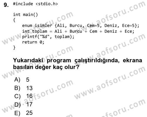 Bilgisayar Ve Programlamaya Giriş Dersi 2019 - 2020 Yılı (Final) Dönem Sonu Sınav Soruları 9. Soru