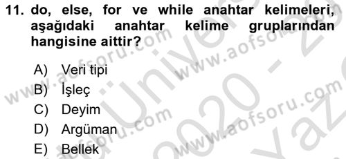 Bilgisayar Ve Programlamaya Giriş Dersi 2020 - 2021 Yılı Yaz Okulu Sınav Soruları 11. Soru
