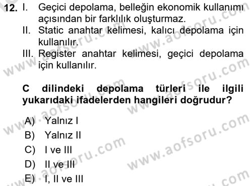 Bilgisayar Ve Programlamaya Giriş Dersi 2020 - 2021 Yılı Yaz Okulu Sınav Soruları 12. Soru