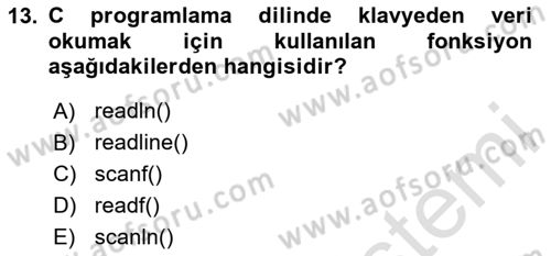 Bilgisayar Ve Programlamaya Giriş Dersi 2020 - 2021 Yılı Yaz Okulu Sınav Soruları 13. Soru