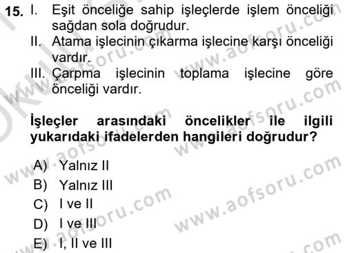 Bilgisayar Ve Programlamaya Giriş Dersi 2020 - 2021 Yılı Yaz Okulu Sınav Soruları 15. Soru