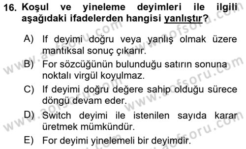 Bilgisayar Ve Programlamaya Giriş Dersi 2020 - 2021 Yılı Yaz Okulu Sınav Soruları 16. Soru