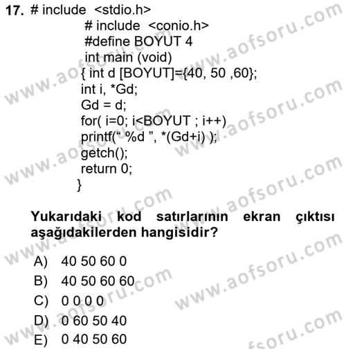 Bilgisayar Ve Programlamaya Giriş Dersi 2020 - 2021 Yılı Yaz Okulu Sınav Soruları 17. Soru
