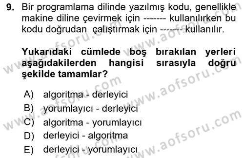 Bilgisayar Ve Programlamaya Giriş Dersi 2020 - 2021 Yılı Yaz Okulu Sınav Soruları 9. Soru