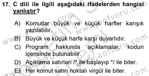 Bilgisayar Ve Programlamaya Giriş Dersi 2021 - 2022 Yılı (Vize) Ara Sınav Soruları 17. Soru