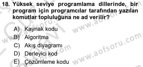 Bilgisayar Ve Programlamaya Giriş Dersi Ara Sınavı Deneme Sınav Soruları 18. Soru
