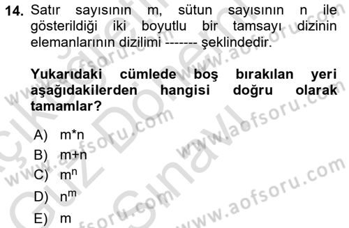 Bilgisayar Ve Programlamaya Giriş Dersi 2021 - 2022 Yılı (Final) Dönem Sonu Sınav Soruları 14. Soru