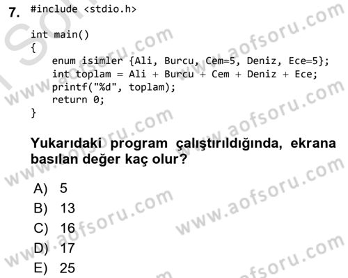Bilgisayar Ve Programlamaya Giriş Dersi 2021 - 2022 Yılı (Final) Dönem Sonu Sınav Soruları 7. Soru