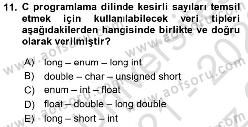 Bilgisayar Ve Programlamaya Giriş Dersi 2021 - 2022 Yılı Yaz Okulu Sınav Soruları 11. Soru