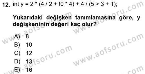 Bilgisayar Ve Programlamaya Giriş Dersi 2021 - 2022 Yılı Yaz Okulu Sınav Soruları 12. Soru