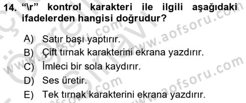Bilgisayar Ve Programlamaya Giriş Dersi 2021 - 2022 Yılı Yaz Okulu Sınav Soruları 14. Soru