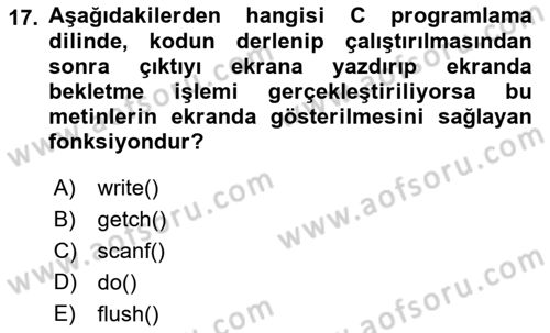 Bilgisayar Ve Programlamaya Giriş Dersi 2021 - 2022 Yılı Yaz Okulu Sınav Soruları 17. Soru