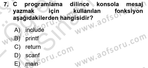 Bilgisayar Ve Programlamaya Giriş Dersi 2021 - 2022 Yılı Yaz Okulu Sınav Soruları 7. Soru