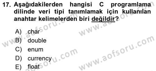 Bilgisayar Ve Programlamaya Giriş Dersi Ara Sınavı Deneme Sınav Soruları 17. Soru