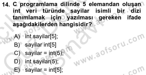 Bilgisayar Ve Programlamaya Giriş Dersi 2022 - 2023 Yılı (Final) Dönem Sonu Sınav Soruları 14. Soru
