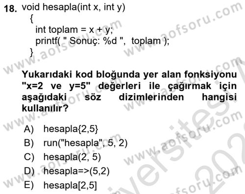 Bilgisayar Ve Programlamaya Giriş Dersi 2022 - 2023 Yılı (Final) Dönem Sonu Sınav Soruları 18. Soru