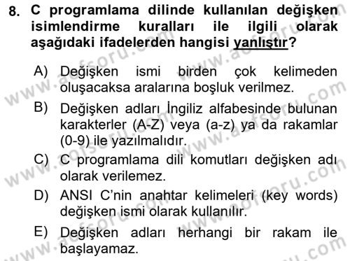 Bilgisayar Ve Programlamaya Giriş Dersi 2022 - 2023 Yılı (Final) Dönem Sonu Sınav Soruları 8. Soru