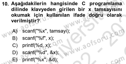 Bilgisayar Ve Programlamaya Giriş Dersi 2022 - 2023 Yılı Yaz Okulu Sınav Soruları 10. Soru