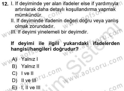 Bilgisayar Ve Programlamaya Giriş Dersi 2022 - 2023 Yılı Yaz Okulu Sınav Soruları 12. Soru
