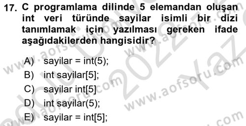 Bilgisayar Ve Programlamaya Giriş Dersi 2022 - 2023 Yılı Yaz Okulu Sınav Soruları 17. Soru