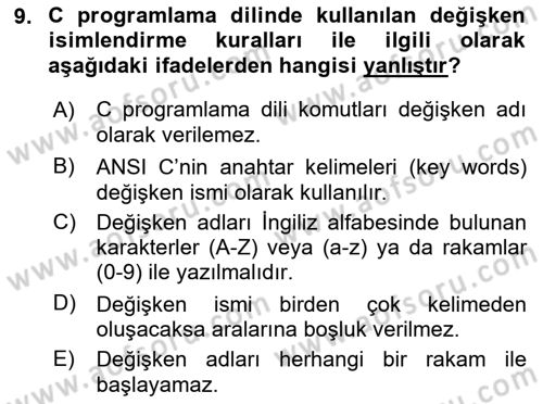 Bilgisayar Ve Programlamaya Giriş Dersi 2022 - 2023 Yılı Yaz Okulu Sınav Soruları 9. Soru