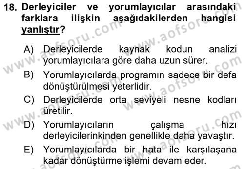 Bilgisayar Ve Programlamaya Giriş Dersi Ara Sınavı Deneme Sınav Soruları 18. Soru