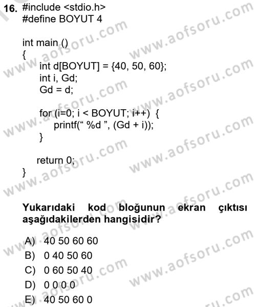 Bilgisayar Ve Programlamaya Giriş Dersi 2023 - 2024 Yılı (Final) Dönem Sonu Sınav Soruları 16. Soru