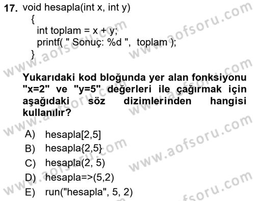Bilgisayar Ve Programlamaya Giriş Dersi 2023 - 2024 Yılı (Final) Dönem Sonu Sınav Soruları 17. Soru