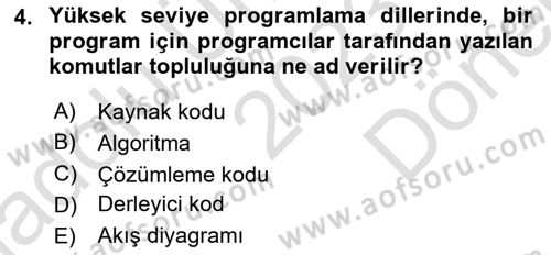 Bilgisayar Ve Programlamaya Giriş Dersi 2023 - 2024 Yılı (Final) Dönem Sonu Sınav Soruları 4. Soru