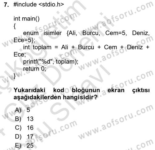 Bilgisayar Ve Programlamaya Giriş Dersi 2023 - 2024 Yılı (Final) Dönem Sonu Sınav Soruları 7. Soru
