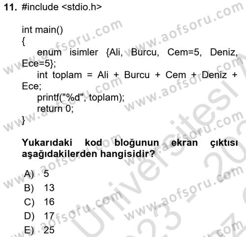 Bilgisayar Ve Programlamaya Giriş Dersi 2023 - 2024 Yılı Yaz Okulu Sınavı 11. Soru