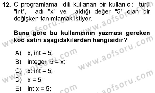 Bilgisayar Ve Programlamaya Giriş Dersi 2023 - 2024 Yılı Yaz Okulu Sınavı 12. Soru